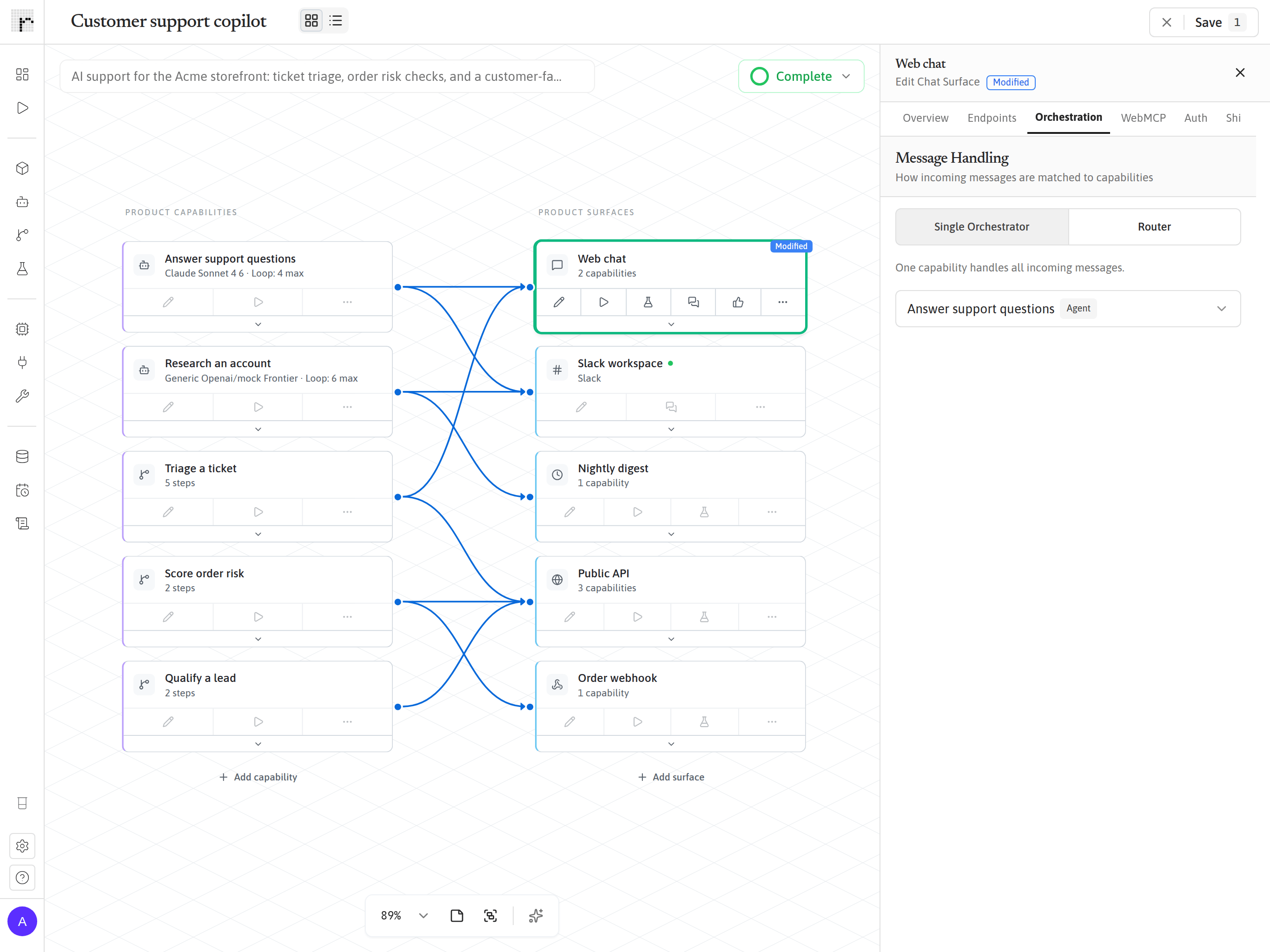 Runtype product canvas: five capabilities (two agents and three flows) wired to five fully configured surfaces, with the web chat surface open in an edit panel on its Orchestration tab showing single-orchestrator message handling