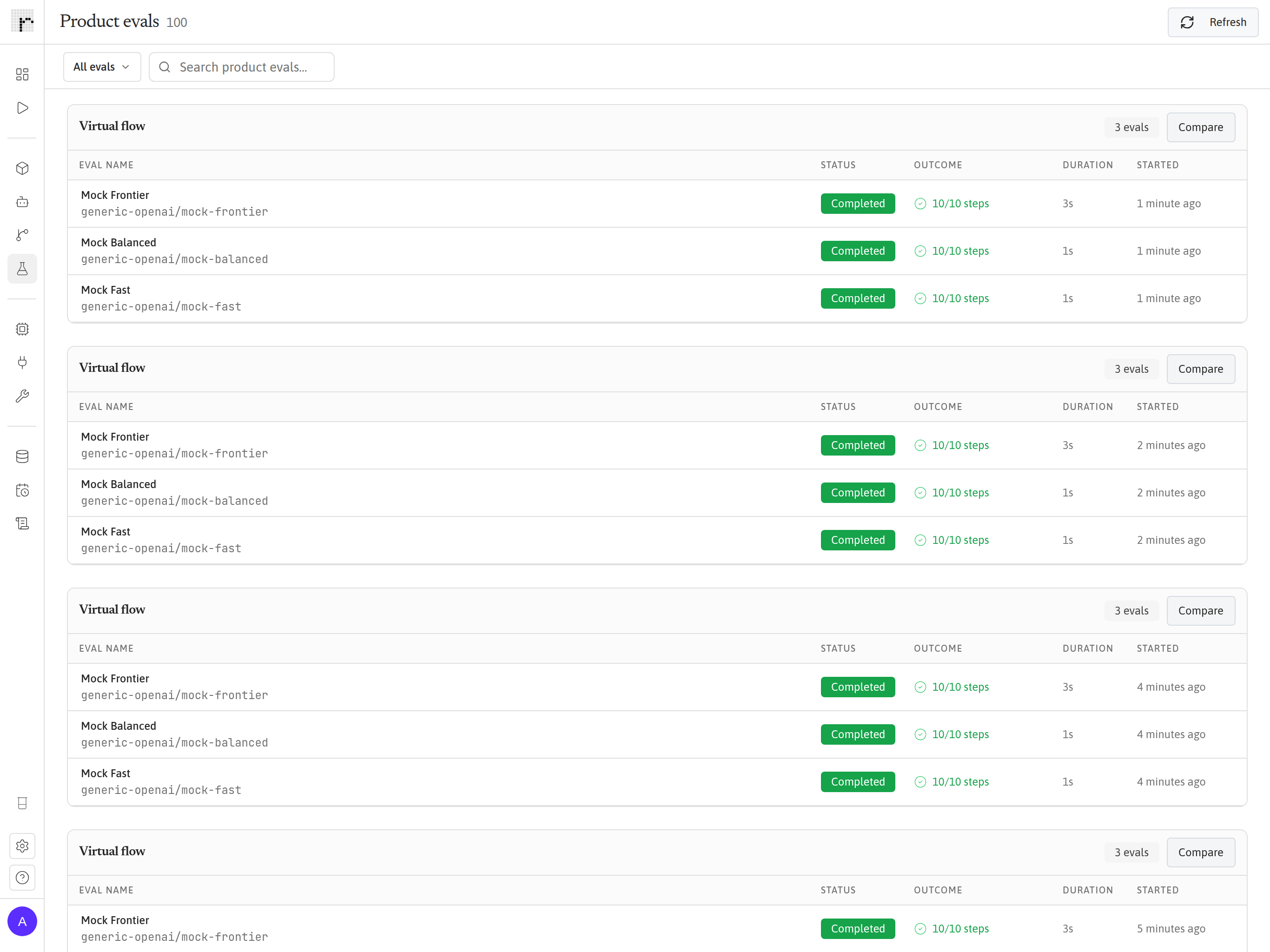 Runtype evals view: comparison groups where the same flow ran on three model variants, each completing 10 of 10 steps with per-variant durations