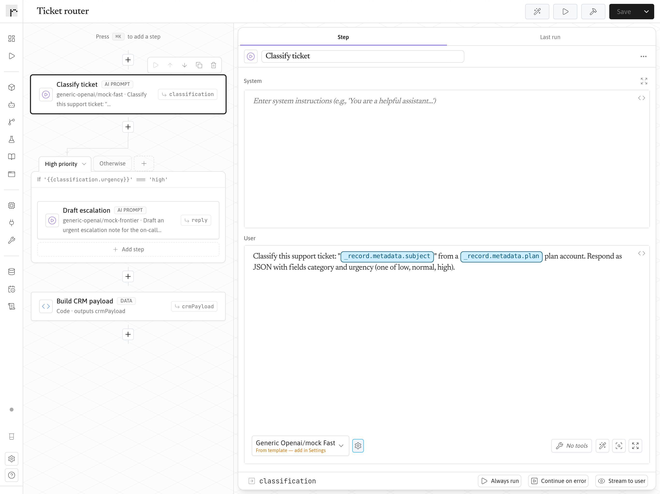 Runtype flow editor: a five-step support ticket triage flow with an HTTP fetch step using a templated URL and a classify step on Claude Haiku 4.5 with template variables for the ticket and account plan