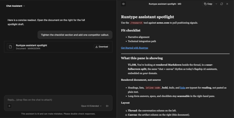 Persona chat widget with split chat and document canvas